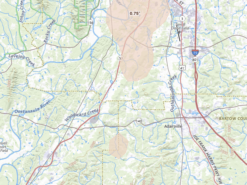 Radar-estimated hail-size map of the storm over Adairsville, GA on Jul 19, 2026