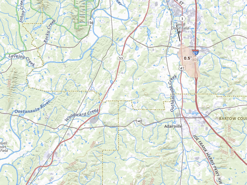 Radar-estimated hail-size map of the storm over Adairsville, GA on Jul 28, 2026