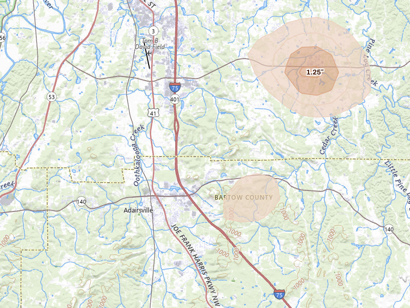 Radar-estimated hail-size map of the storm over Adairsville, GA on Aug 9, 2026