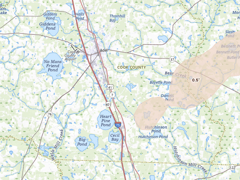 Radar-estimated hail-size map of the storm over Adel, GA on Mar 15, 2026