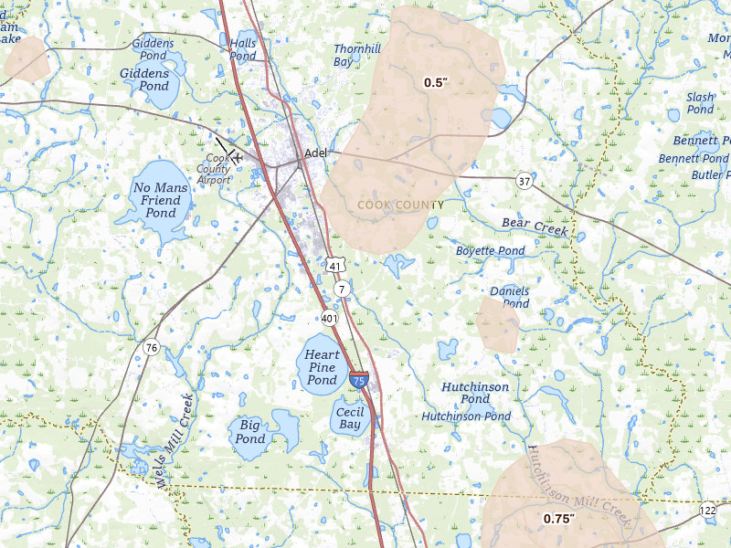 Radar-estimated hail-size map of the storm over Adel, GA on May 17, 2026