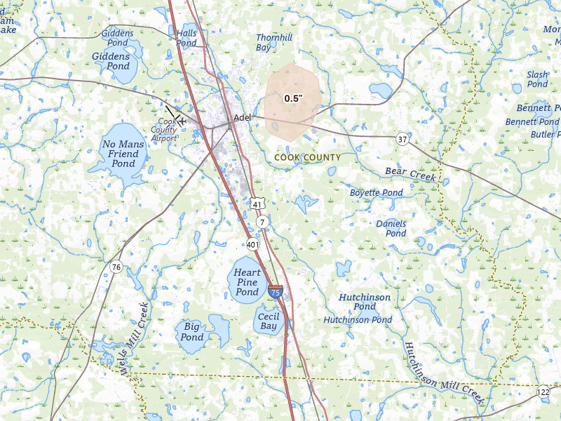 Radar-estimated hail-size map of the storm over Adel, GA on May 24, 2026