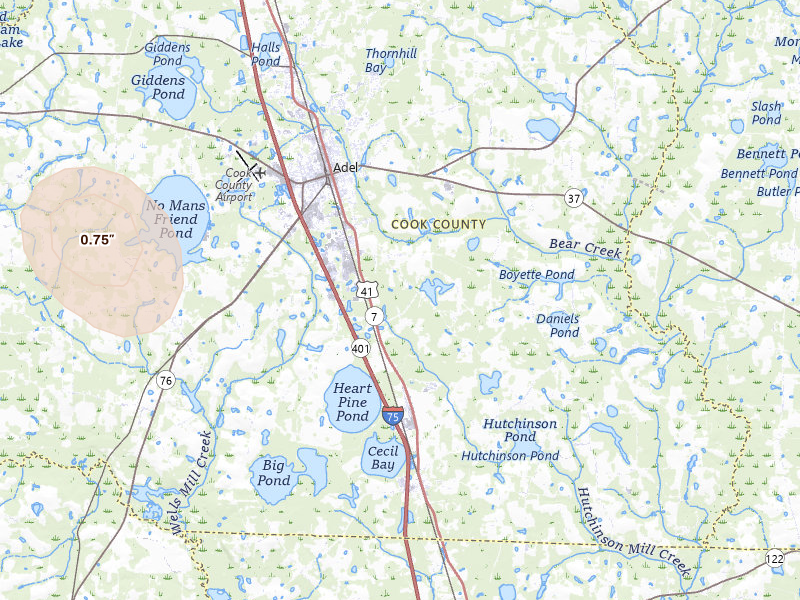 Radar-estimated hail-size map of the storm over Adel, GA on Jul 27, 2026