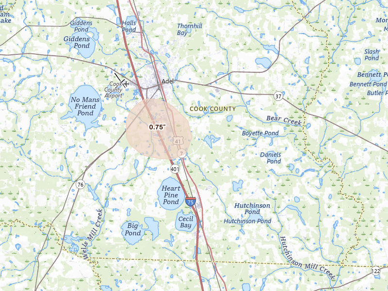 Radar-estimated hail-size map of the storm over Adel, GA on Aug 6, 2026