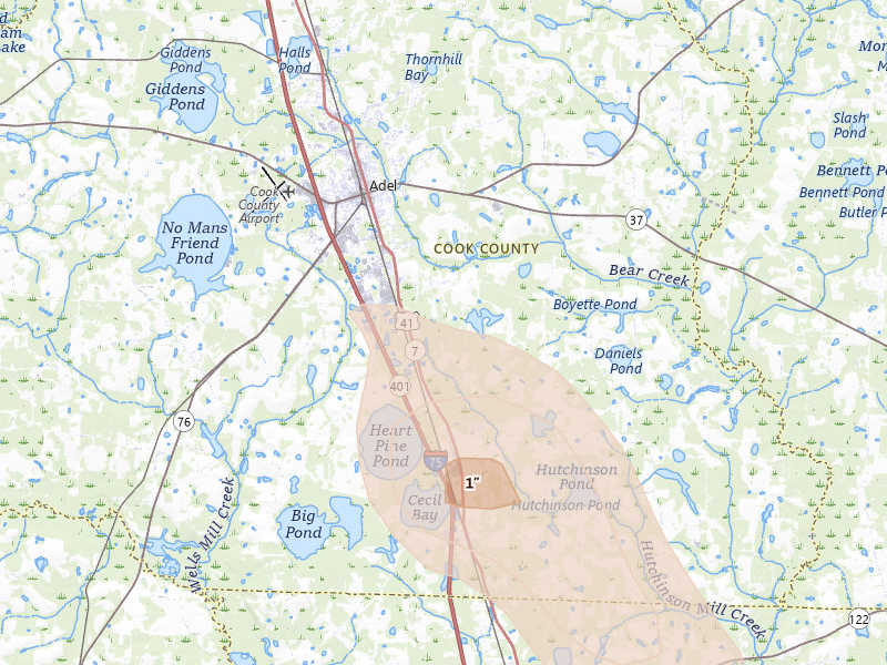 Radar-estimated hail-size map of the storm over Adel, GA on Aug 12, 2026