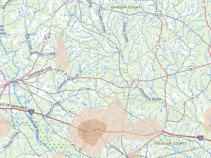 Radar-estimated hail-size map of the storm over Adrian, GA on May 17, 2026
