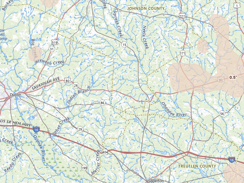 Radar-estimated hail-size map of the storm over Adrian, GA on Jul 17, 2026