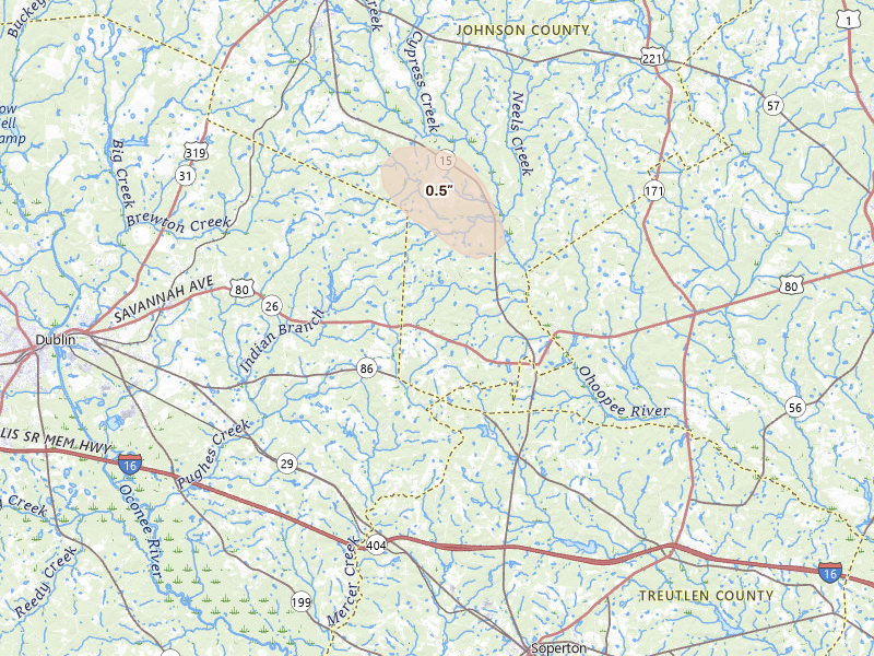 Radar-estimated hail-size map of the storm over Adrian, GA on Jul 27, 2026