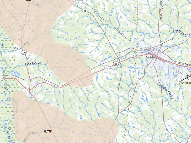 Radar-estimated hail-size map of the storm over Ailey, GA on May 17, 2026