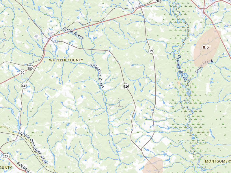 Radar-estimated hail-size map of the storm over Alamo, GA on May 23, 2026