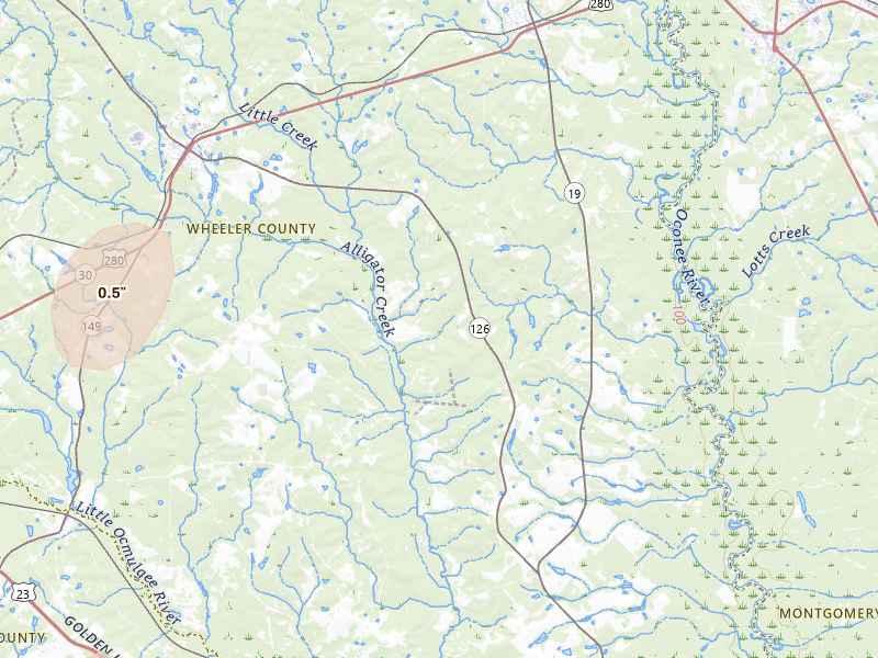 Radar-estimated hail-size map of the storm over Alamo, GA on May 24, 2026