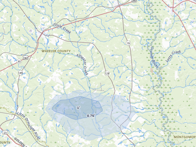 NEXRAD radar-signature map of the hail over Alamo, GA