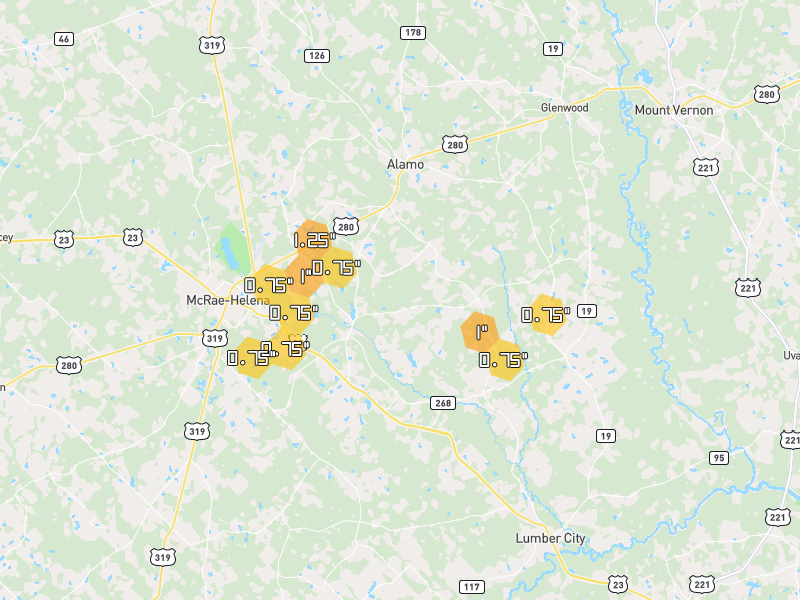 Hail map of Alamo, GA on Jun 30, 2026, hail up to 1.25"