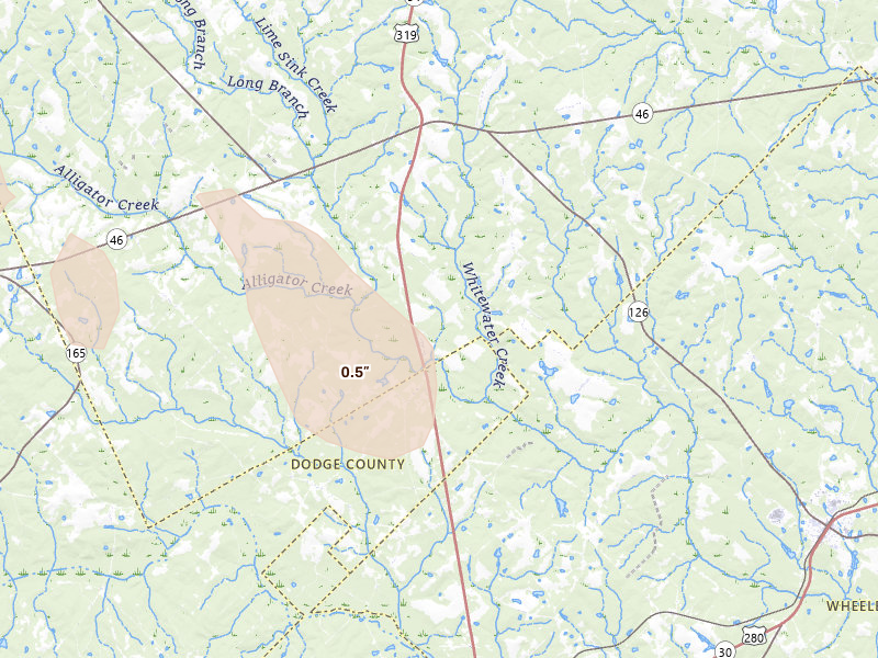 Radar-estimated hail-size map of the storm over Alamo, GA on Aug 6, 2026