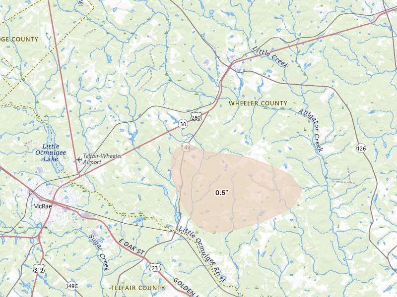 Radar-estimated hail-size map of the storm over Alamo, GA on Aug 21, 2026
