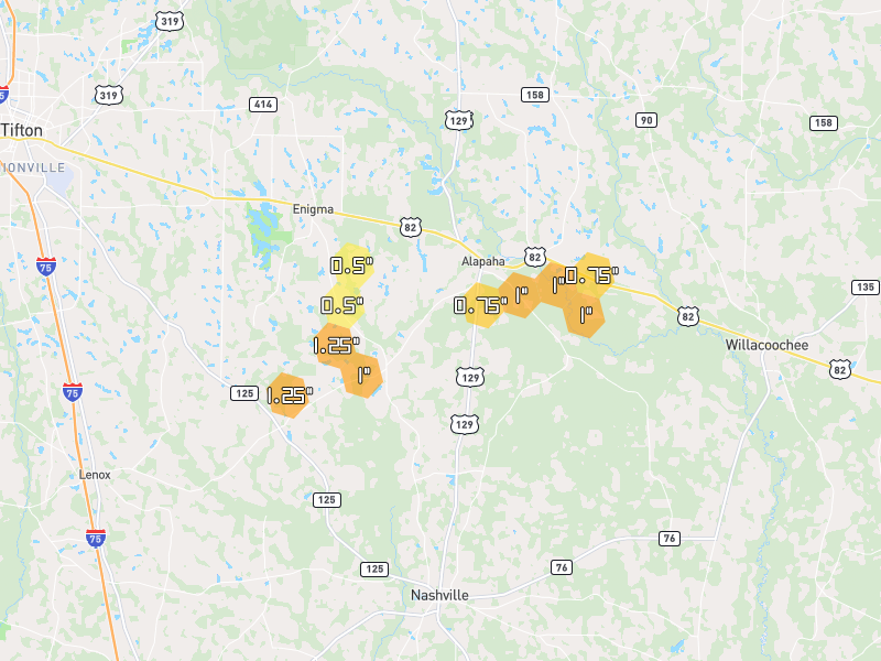 Hail map of Alapaha, GA on Jul 6, 2026, hail up to 1.25"
