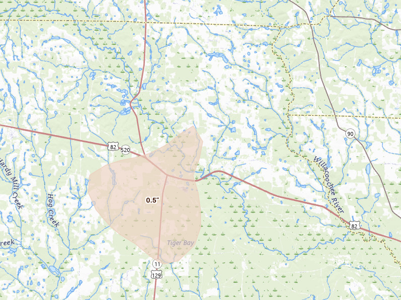 Radar-estimated hail-size map of the storm over Alapaha, GA on Jul 17, 2026