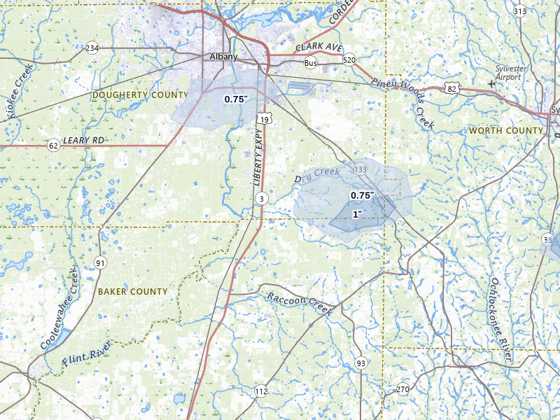 NEXRAD radar-signature map of the hail storm over Albany, GA on May 17, 2026