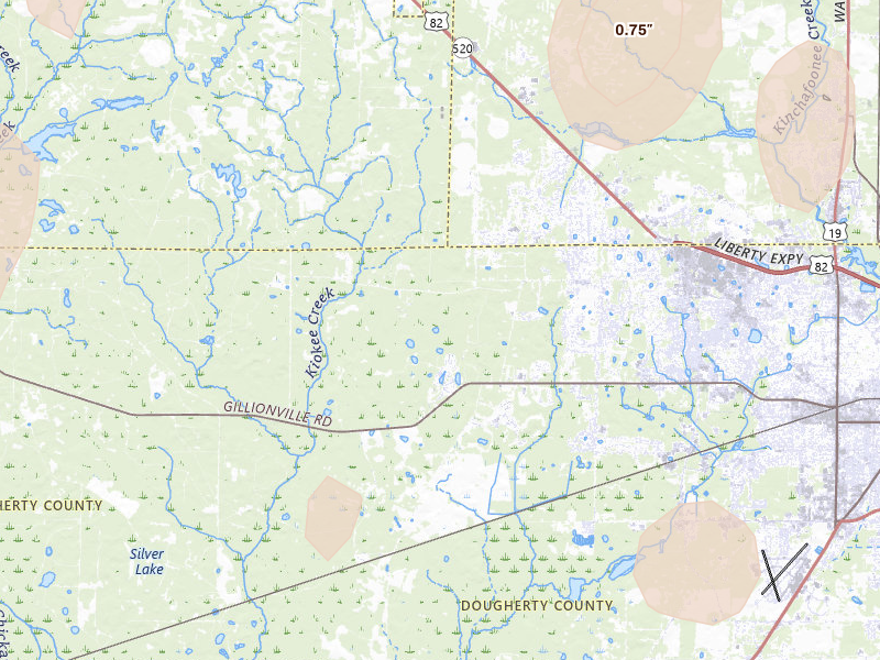 Radar-estimated hail-size map of the storm over Albany, GA on May 22, 2026