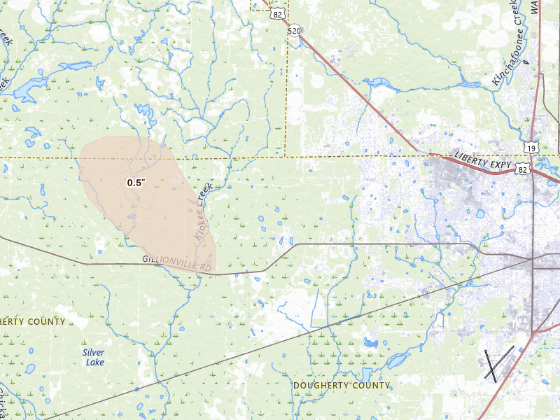 Radar-estimated hail-size map of the storm over Albany, GA on Jul 29, 2026