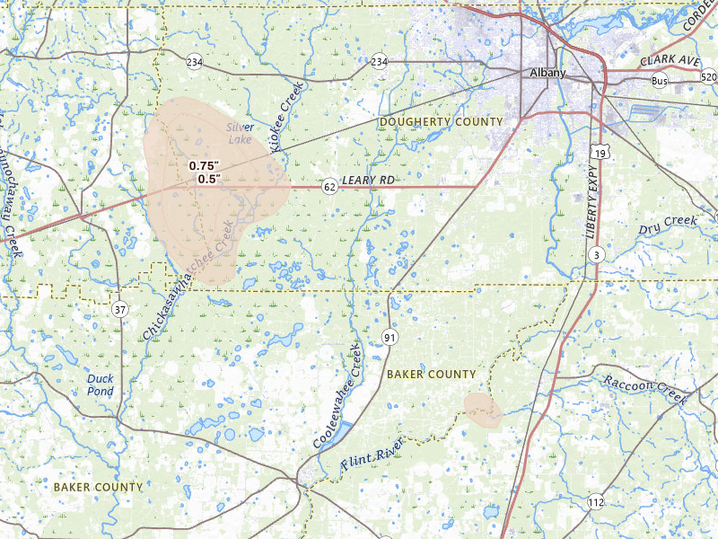Radar-estimated hail-size map of the storm over Albany, GA on Aug 12, 2026
