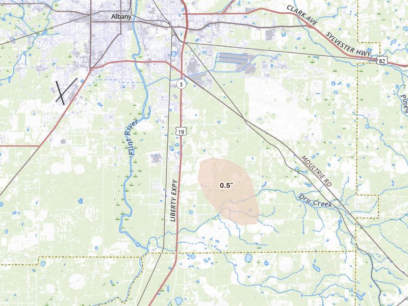 Radar-estimated hail-size map of the storm over Albany, GA on Aug 13, 2026
