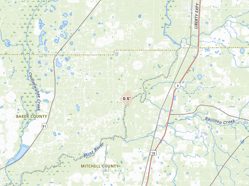 Radar-estimated hail-size map of the storm over Albany, GA on Aug 20, 2026