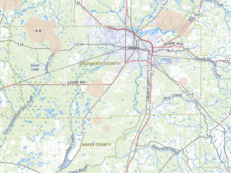 Radar-estimated hail-size map of the storm over Albany, GA on Aug 21, 2026