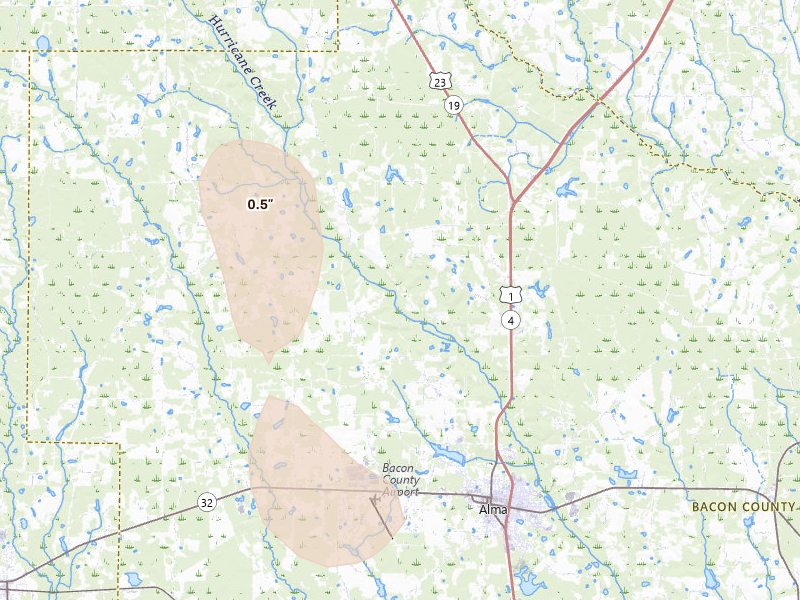 Radar-estimated hail-size map of the storm over Alma, GA on May 24, 2026