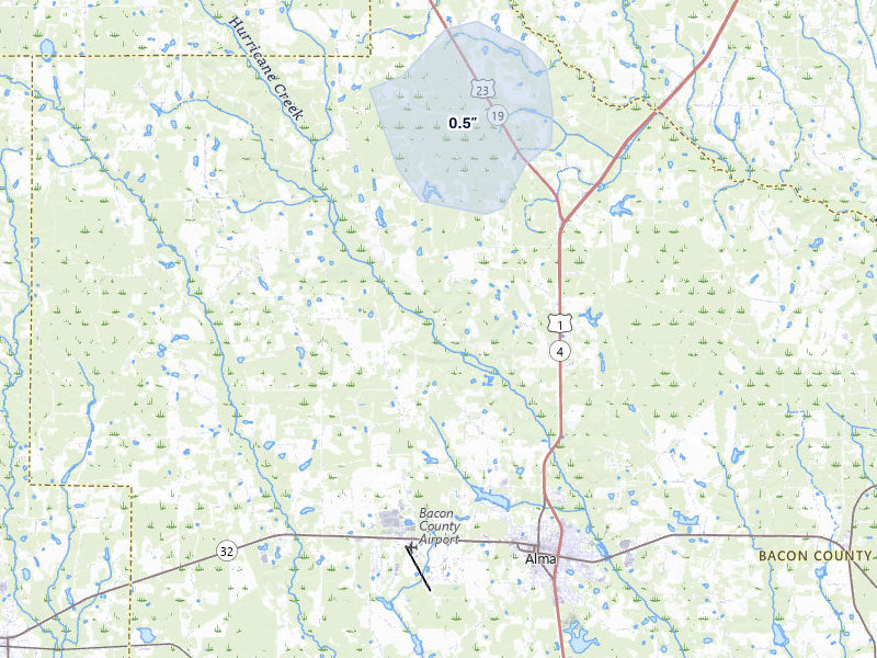 NEXRAD radar-signature map of the hail over Alma, GA