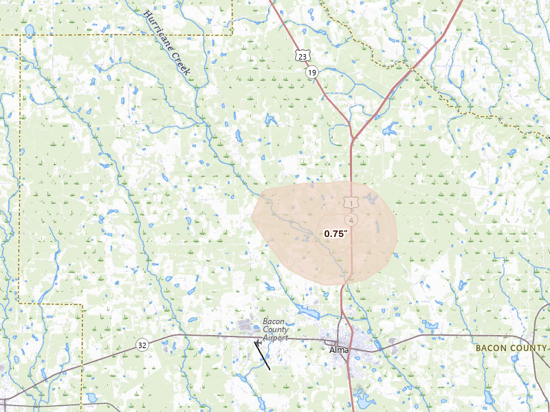 Radar-estimated hail-size map of the storm over Alma, GA on Jun 20, 2026