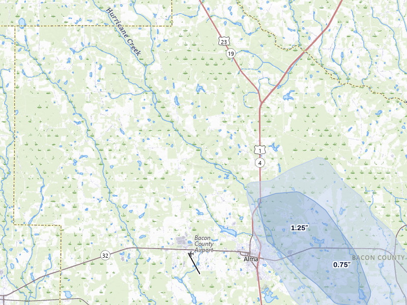 NEXRAD radar-signature map of the hail storm over Alma, GA on Jul 25, 2026