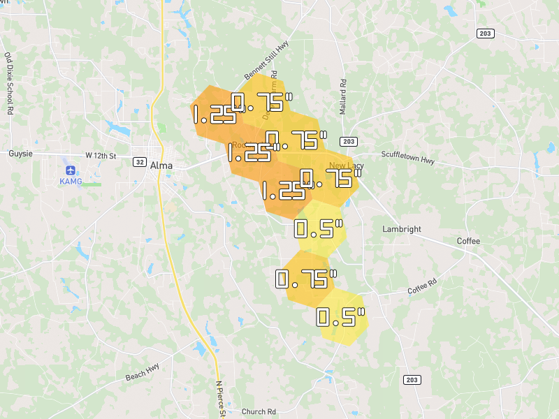 Hail map of Alma, GA on Jul 25, 2026, hail up to 1.25"