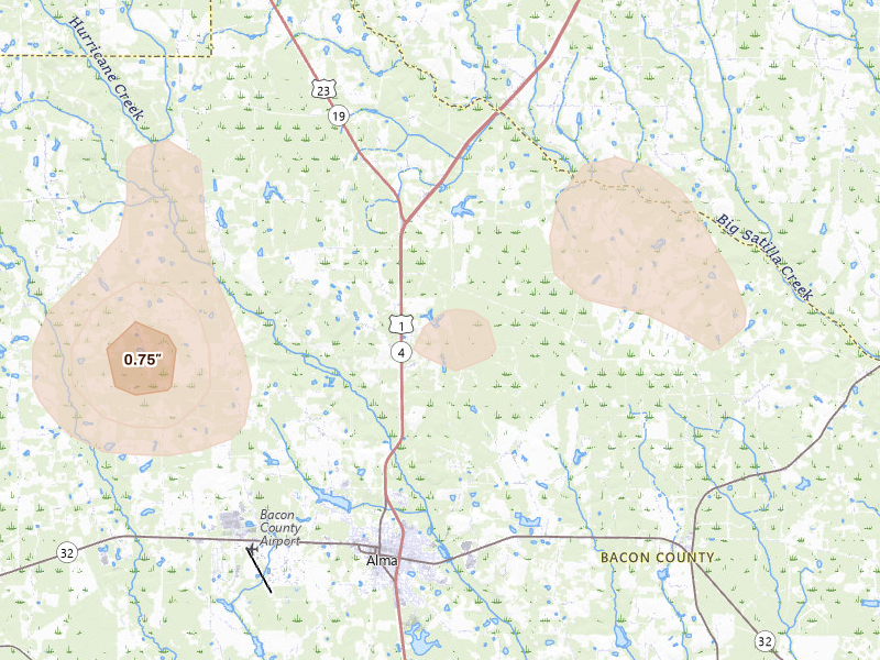 Radar-estimated hail-size map of the storm over Alma, GA on Aug 25, 2026