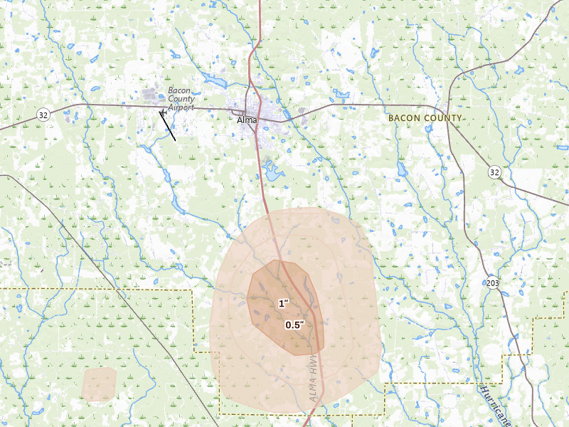 Radar-estimated hail-size map of the storm over Alma, GA
