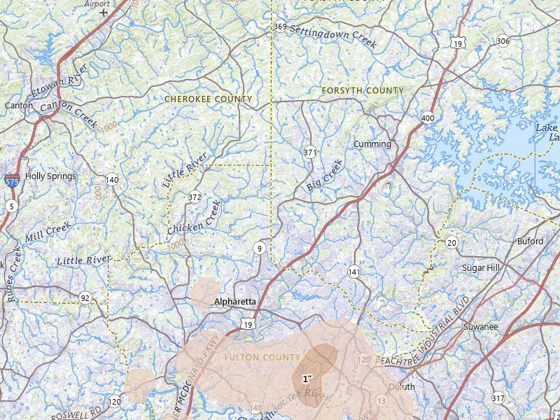 Radar-estimated hail-size map of the storm over Alpharetta, GA on Jul 3, 2026