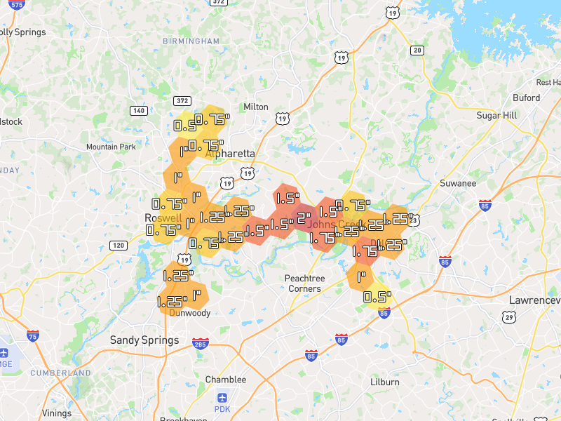 Hail map of Alpharetta, GA on Jul 3, 2026, hail up to 2"