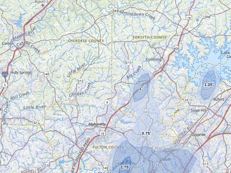 NEXRAD radar-signature map of the hail over Alpharetta, GA