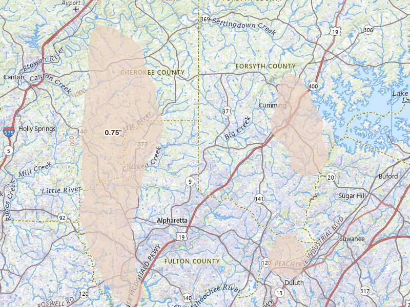 Radar-estimated hail-size map of the storm over Alpharetta, GA on Jul 28, 2026