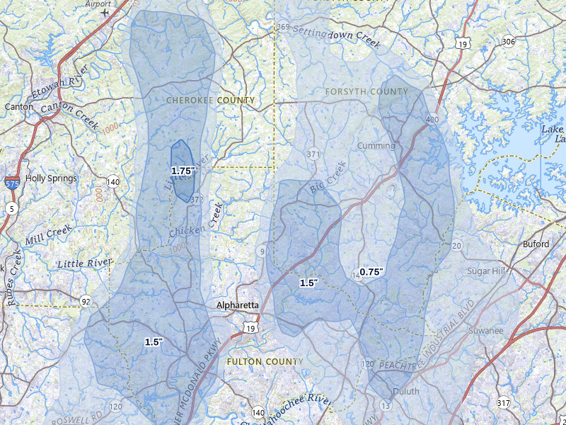 NEXRAD radar-signature map of the hail over Alpharetta, GA