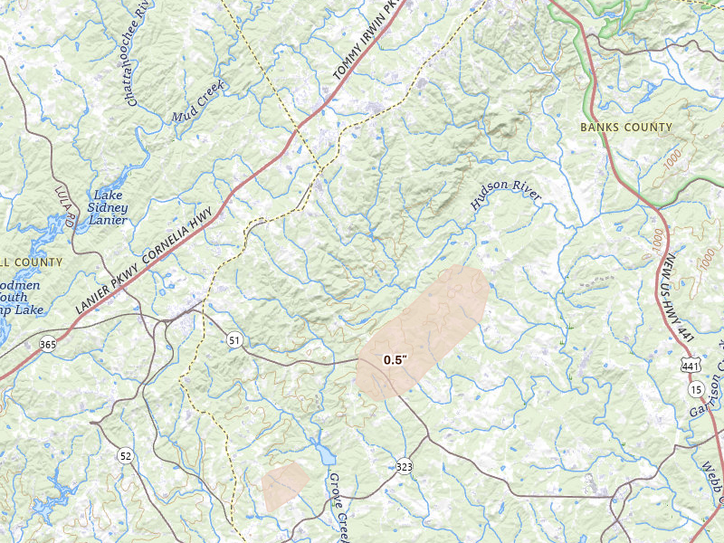 Radar-estimated hail-size map of the storm over Alto, GA on May 22, 2026