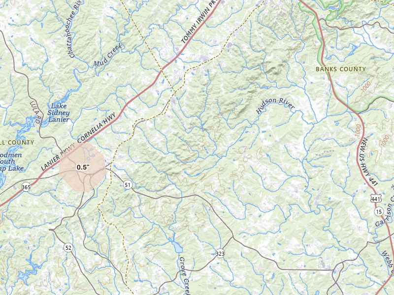 Radar-estimated hail-size map of the storm over Alto, GA on Jul 2, 2026