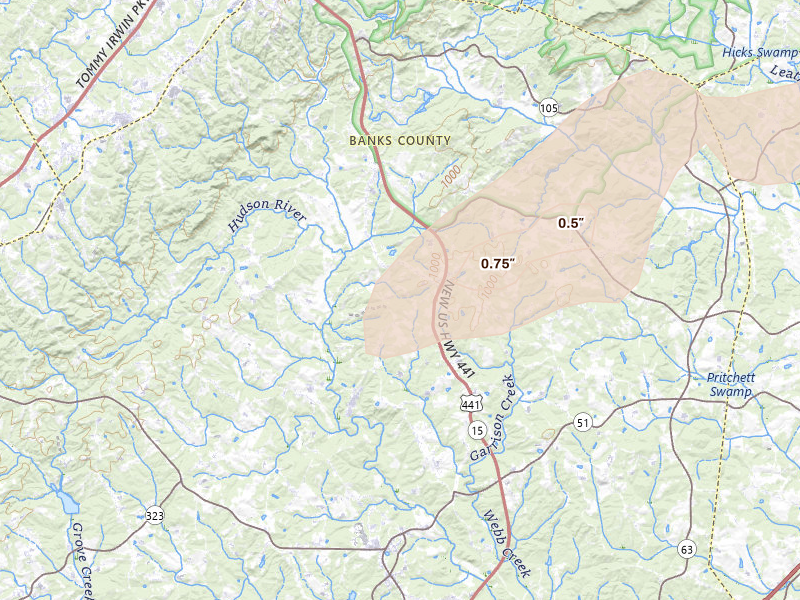 Radar-estimated hail-size map of the storm over Alto, GA on Aug 2, 2026