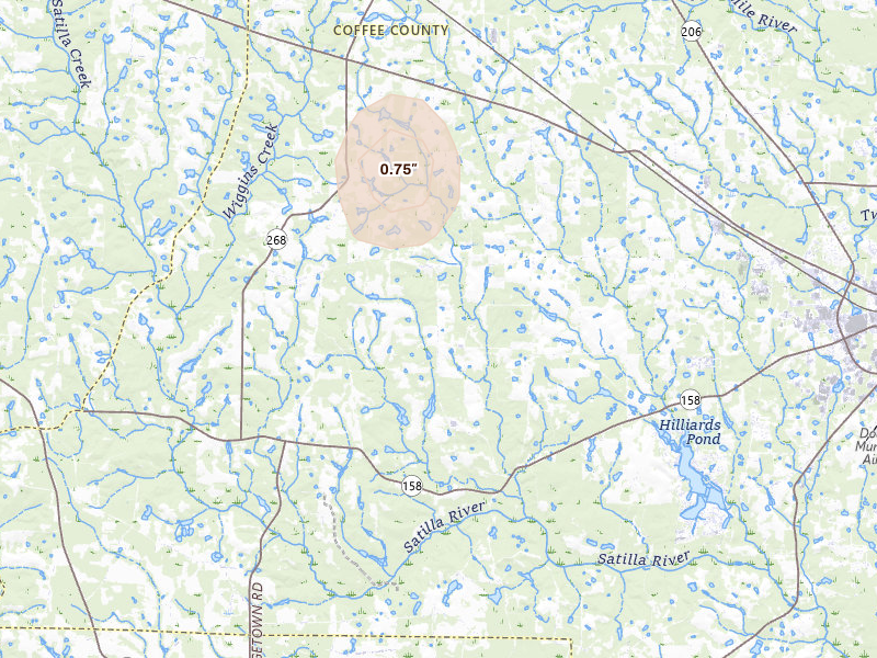Radar-estimated hail-size map of the storm over Ambrose, GA on May 24, 2026
