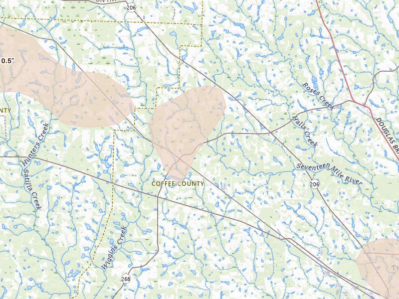 Radar-estimated hail-size map of the storm over Ambrose, GA on Aug 13, 2026