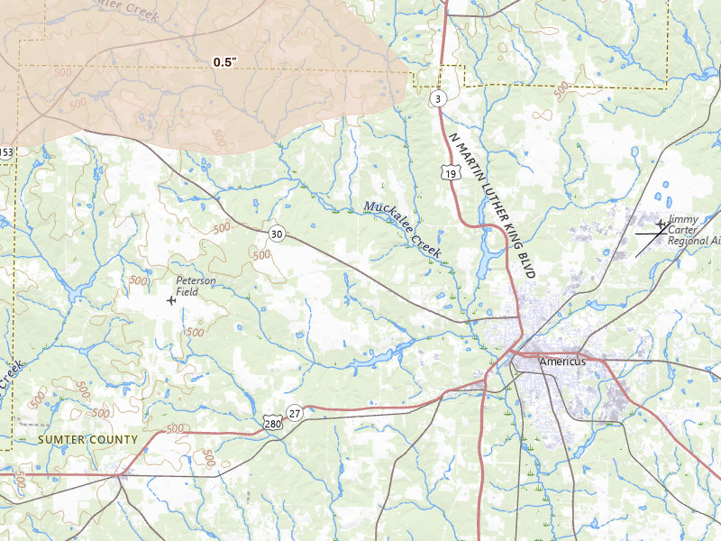 Radar-estimated hail-size map of the storm over Americus, GA on May 6, 2026