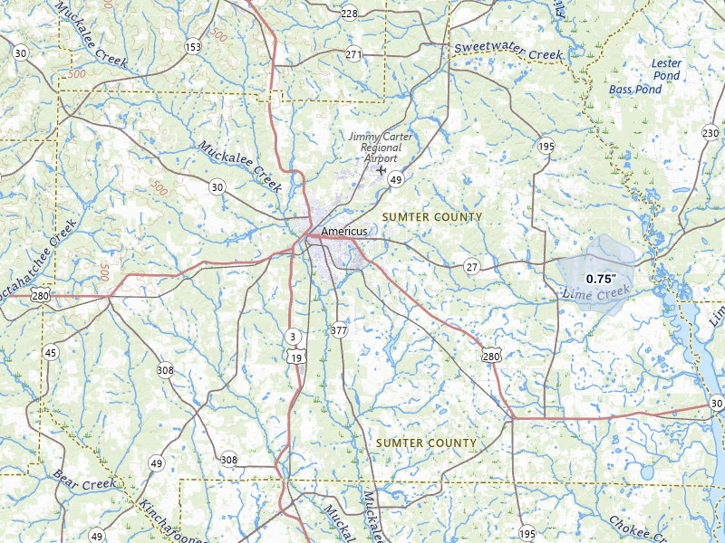 NEXRAD radar-signature map of the hail storm over Americus, GA on Jul 6, 2026