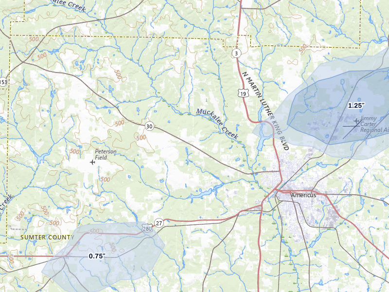 NEXRAD radar-signature map of the hail storm over Americus, GA on Jul 9, 2026