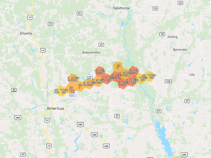 Hail map of Americus, GA on Jul 9, 2026, hail up to 1.75"