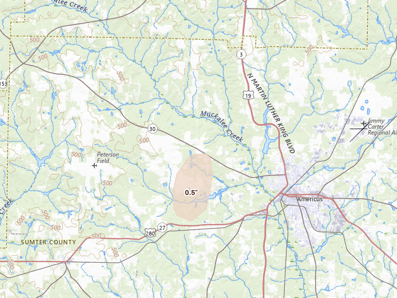 Radar-estimated hail-size map of the storm over Americus, GA on Jul 17, 2026